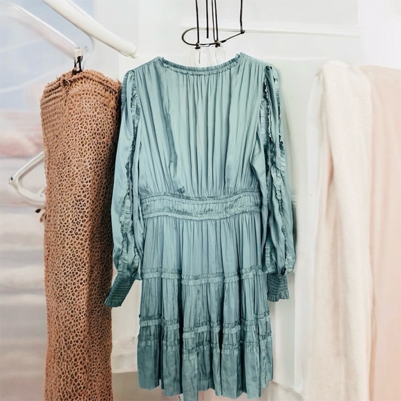 Ulla Johnson Gemma Teal Satin Long Sleeve Mini Dress - Picture 4 of 5